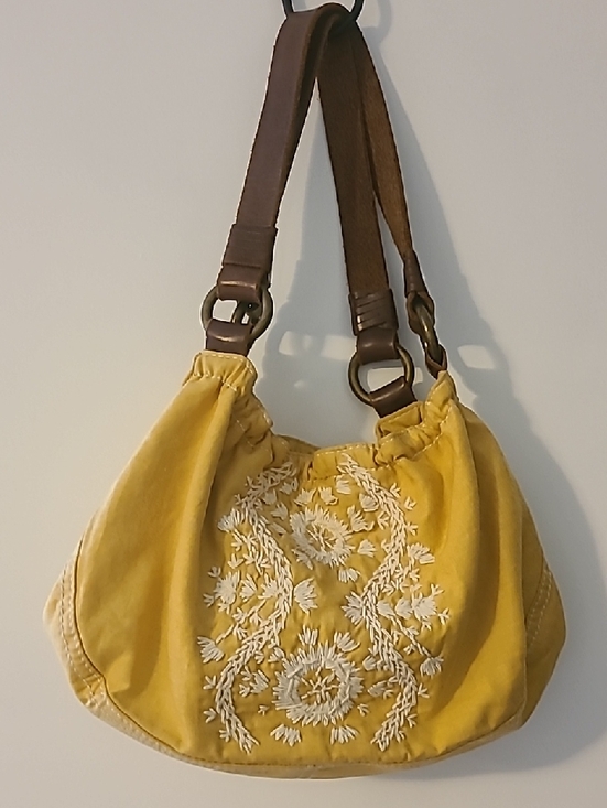 Lucky Brand Handbags - Vintage Lucky Brand Embroidered Hobo Bag Yellow Canvas Brown Leather Trim Y2K